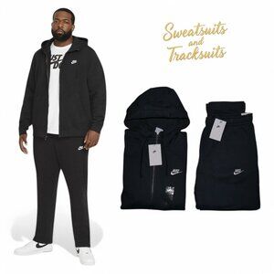 Nike Club Fleece Men's Sweatsuit 2 PC Tracksuit Matching Black Hoodie Pants NWT